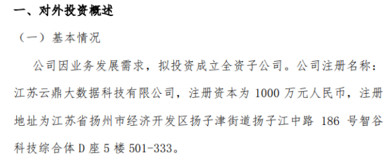 鼎集智能投資千萬成立江蘇云鼎大數據科技，布局第一類增值電信業務